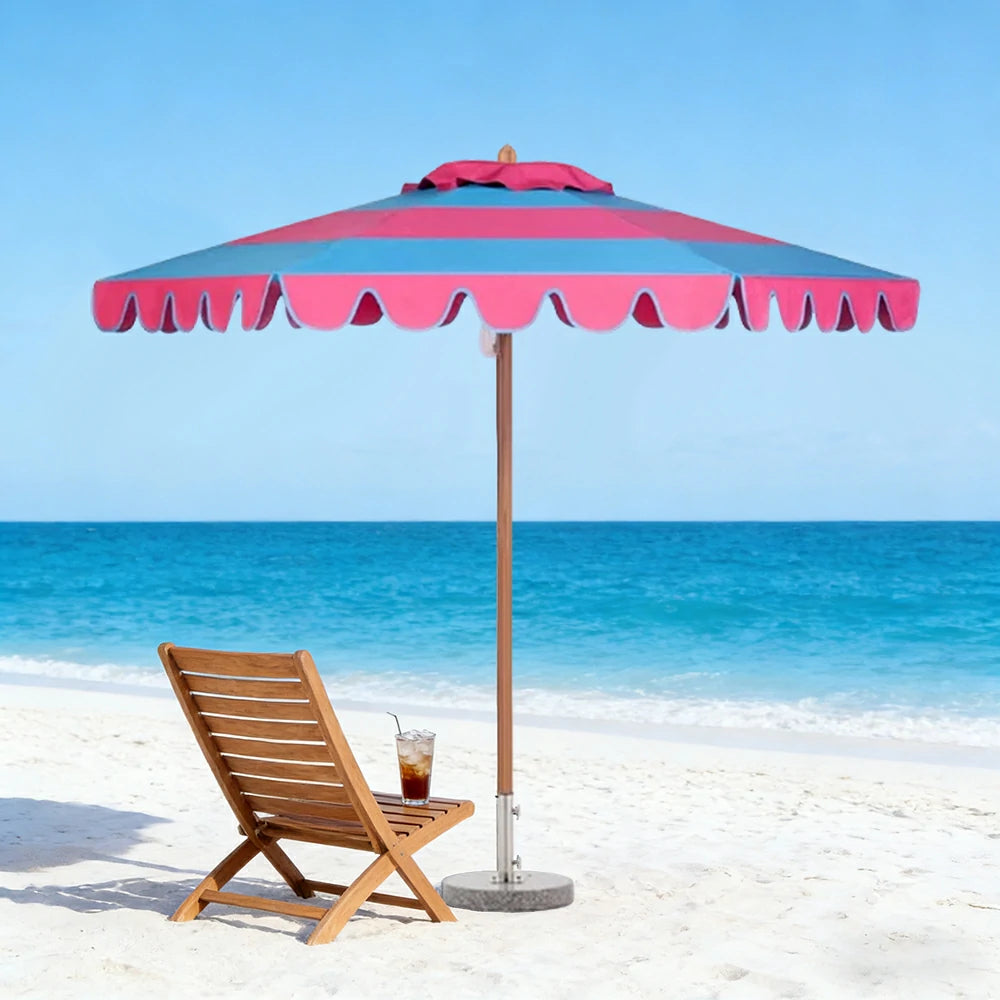 SOLARA Outdoor Patio Umbrella - 210/250cm Single-Layer Canopy with Elegant Valance, Brushed Aluminium Frame, Sunshade & Rain Protection, Water-Filled Base Included - Red & Blue