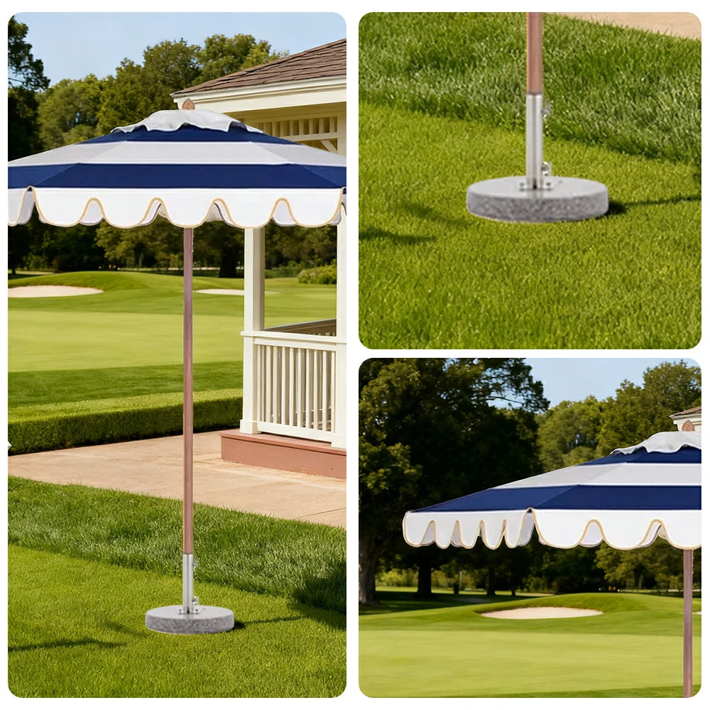 SOLARA Outdoor Patio Umbrella - 210/250cm Single-Layer Canopy with Elegant Valance, Brushed Aluminium Frame, Sunshade & Rain Protection, Water-Filled Base Included - Blue & White
