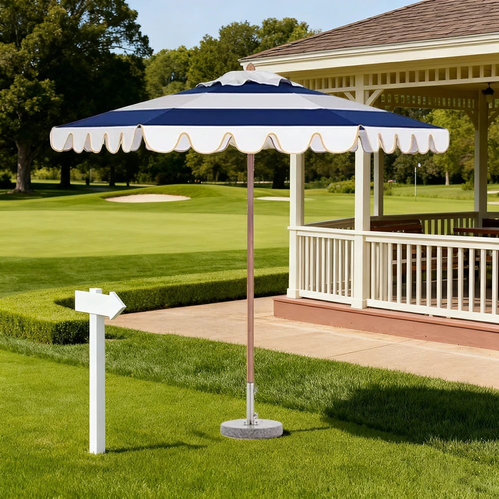 SOLARA Outdoor Patio Umbrella - 210/250cm Single-Layer Canopy with Elegant Valance, Brushed Aluminium Frame, Sunshade & Rain Protection, Water-Filled Base Included - Blue & White