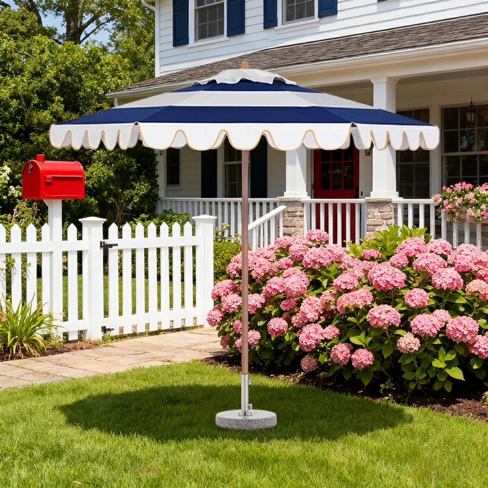 SOLARA Outdoor Patio Umbrella - 210/250cm Single-Layer Canopy with Elegant Valance, Brushed Aluminium Frame, Sunshade & Rain Protection, Water-Filled Base Included - Blue & White