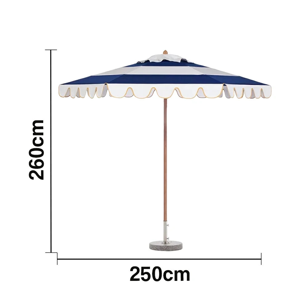 SOLARA Outdoor Patio Umbrella - 210/250cm Single-Layer Canopy with Elegant Valance, Brushed Aluminium Frame, Sunshade & Rain Protection, Water-Filled Base Included - Blue & White