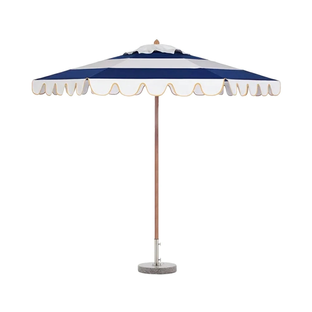 SOLARA Outdoor Patio Umbrella - 210/250cm Single-Layer Canopy with Elegant Valance, Brushed Aluminium Frame, Sunshade & Rain Protection, Water-Filled Base Included - Blue & White