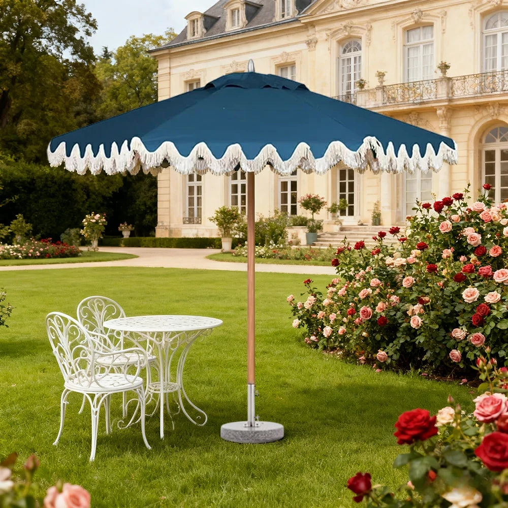 SOLARA Outdoor Patio Umbrella - 210/250cm Single-Layer Canopy with Elegant Valance, Brushed Aluminium Frame, Sunshade & Rain Protection, Water-Filled Base Included - Blue