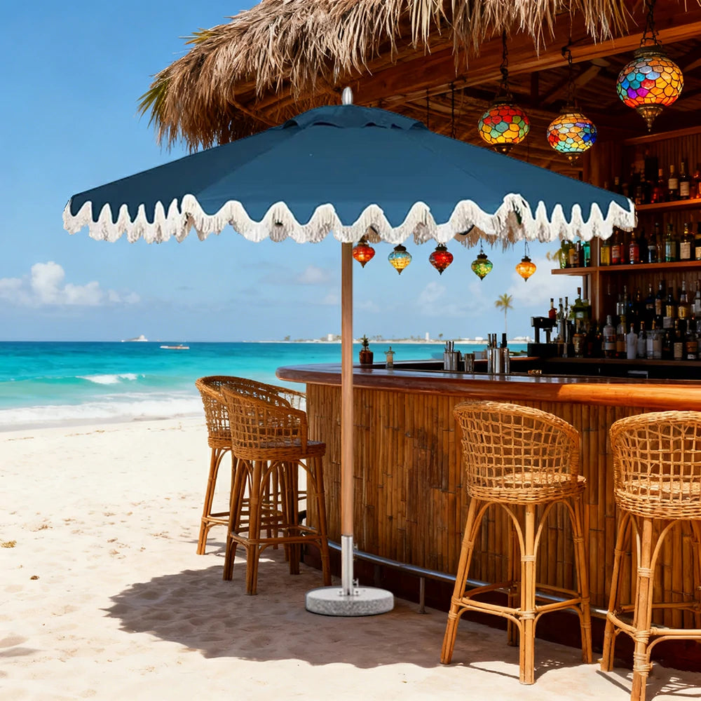 SOLARA Outdoor Patio Umbrella - 210/250cm Single-Layer Canopy with Elegant Valance, Brushed Aluminium Frame, Sunshade & Rain Protection, Water-Filled Base Included - Blue