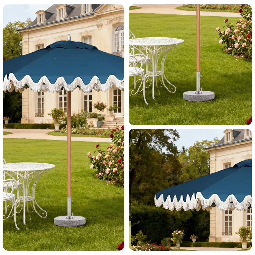 SOLARA Outdoor Patio Umbrella - 210/250cm Single-Layer Canopy with Elegant Valance, Brushed Aluminium Frame, Sunshade & Rain Protection, Water-Filled Base Included - Blue