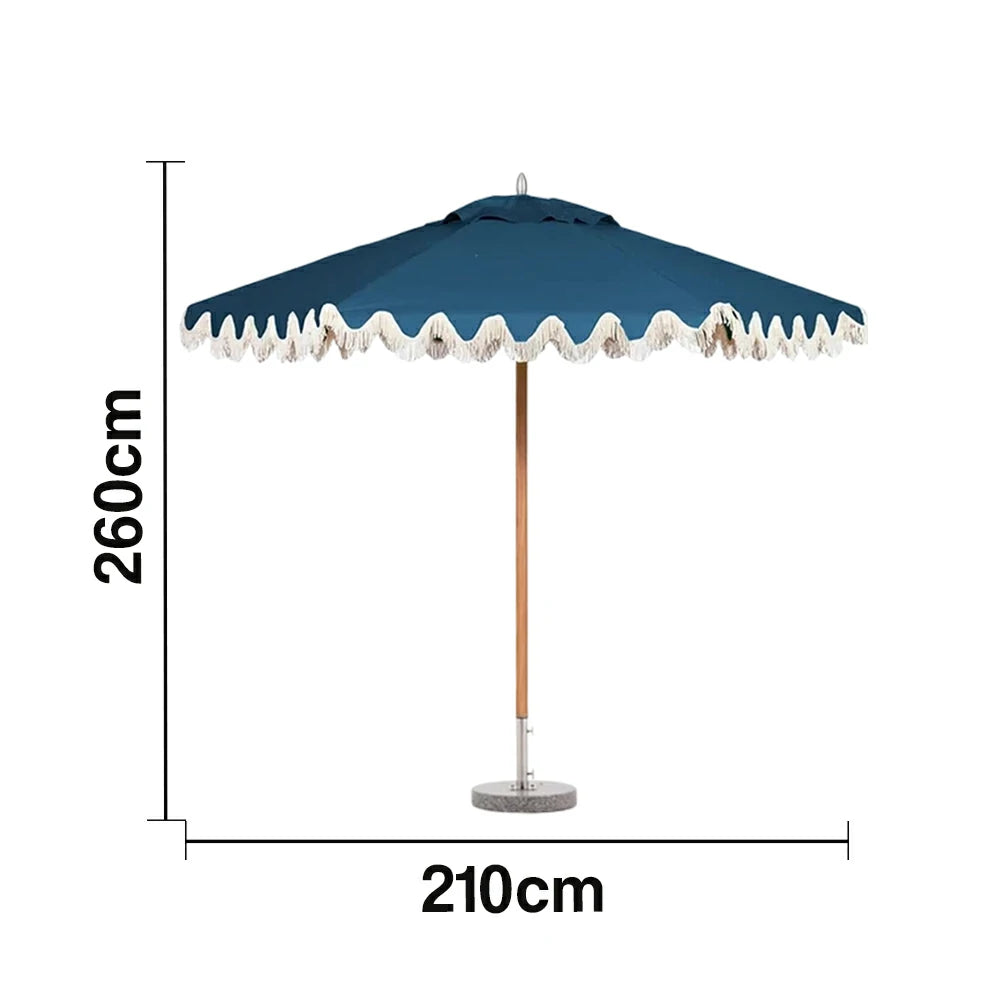 SOLARA Outdoor Patio Umbrella - 210/250cm Single-Layer Canopy with Elegant Valance, Brushed Aluminium Frame, Sunshade & Rain Protection, Water-Filled Base Included - Blue