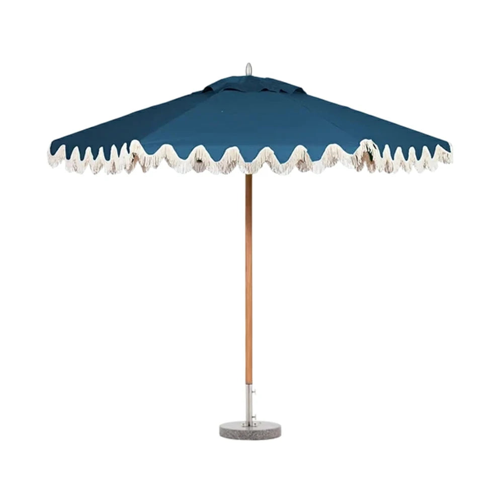 SOLARA Outdoor Patio Umbrella - 210/250cm Single-Layer Canopy with Elegant Valance, Brushed Aluminium Frame, Sunshade & Rain Protection, Water-Filled Base Included - Blue