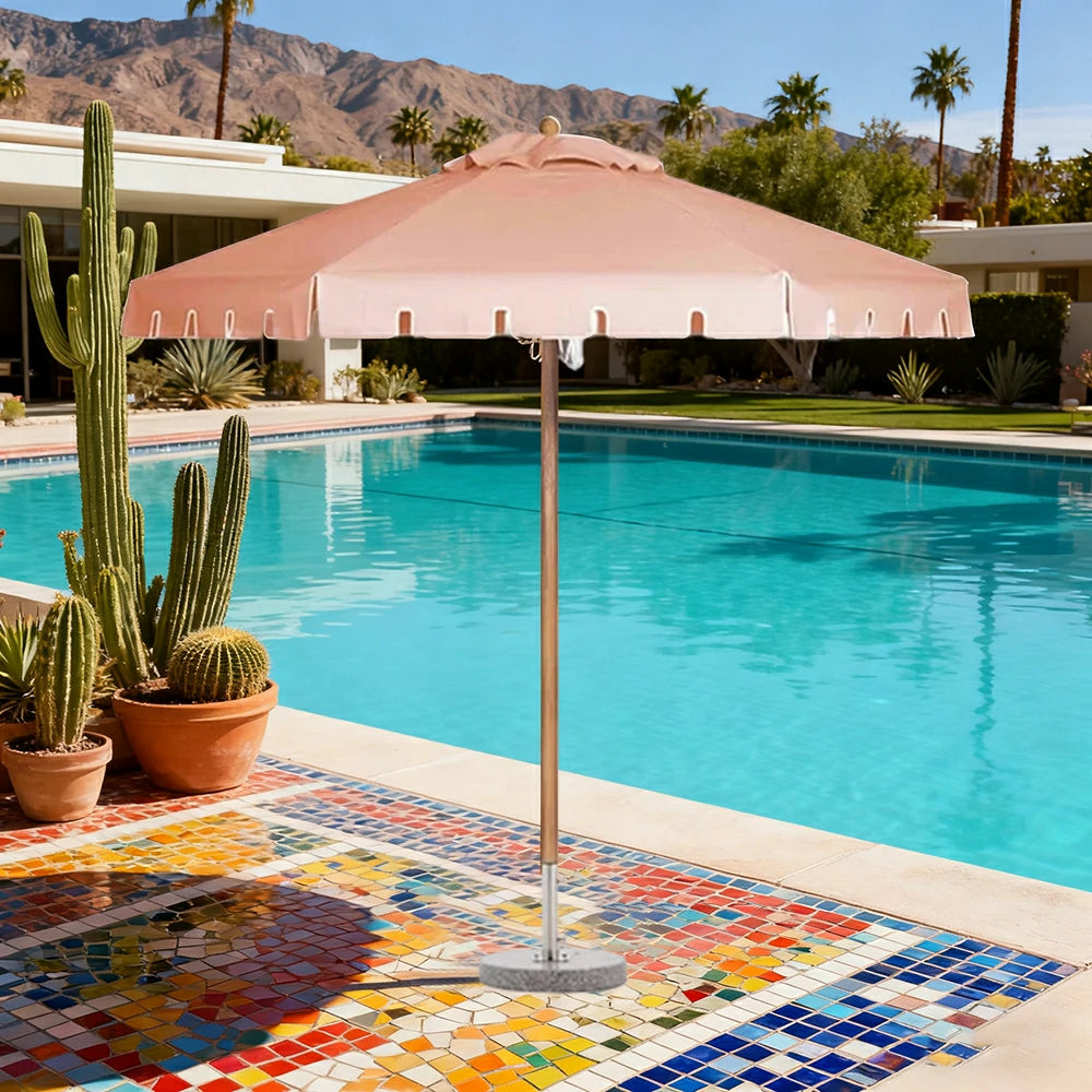 SOLARA Outdoor Patio Umbrella - 210/250cm Single-Layer Canopy with Elegant Valance, Brushed Aluminium Frame, Sunshade & Rain Protection, Water-Filled Base Included - Pink