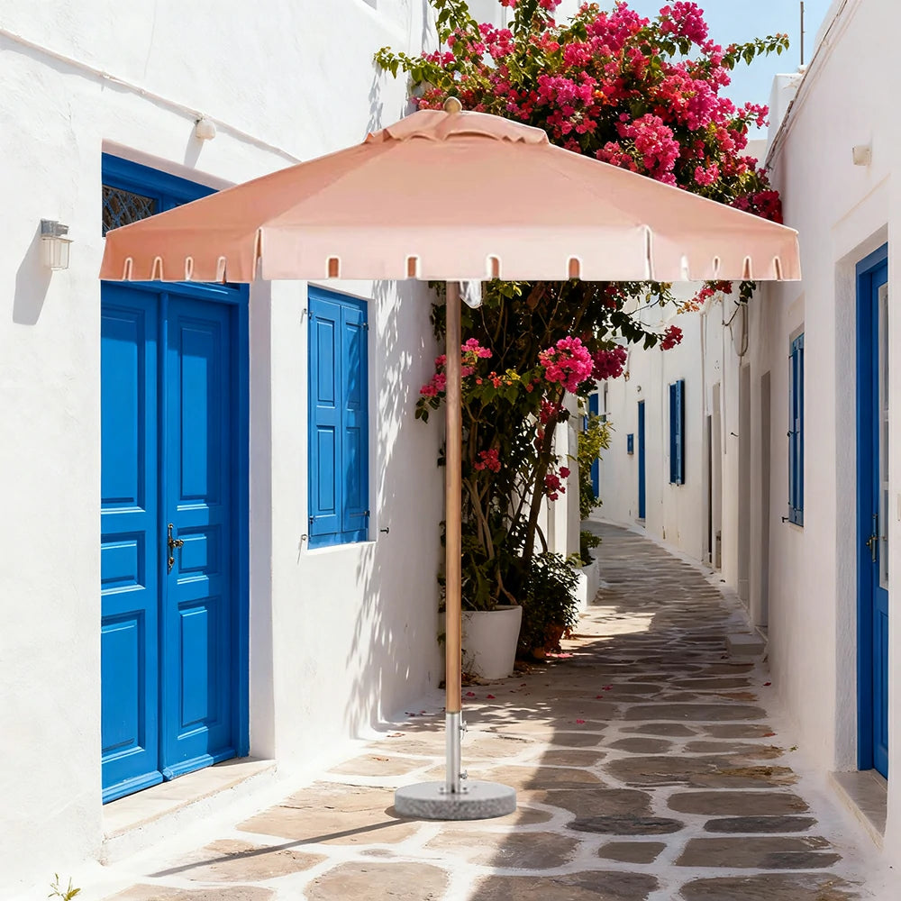 SOLARA Outdoor Patio Umbrella - 210/250cm Single-Layer Canopy with Elegant Valance, Brushed Aluminium Frame, Sunshade & Rain Protection, Water-Filled Base Included - Pink