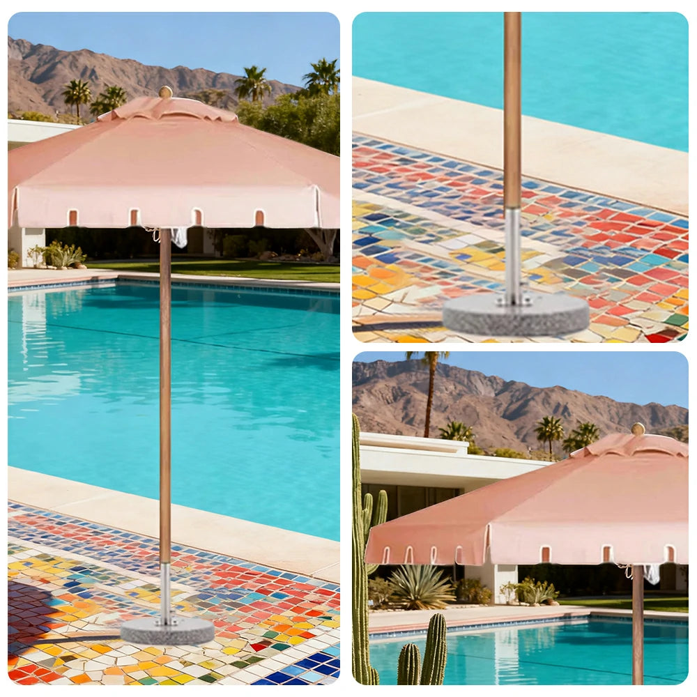 SOLARA Outdoor Patio Umbrella - 210/250cm Single-Layer Canopy with Elegant Valance, Brushed Aluminium Frame, Sunshade & Rain Protection, Water-Filled Base Included - Pink