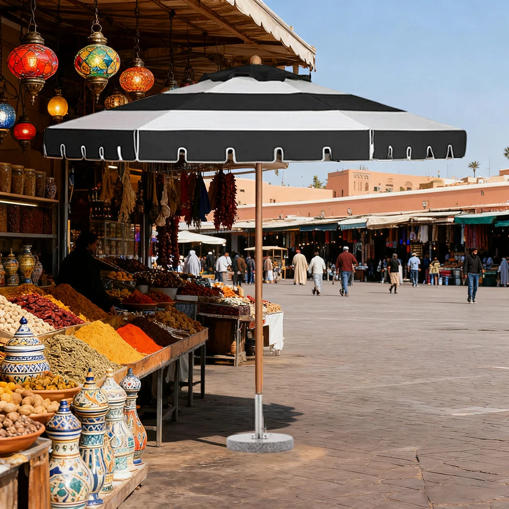 SOLARA Outdoor Patio Umbrella - 210/250cm Single-Layer Canopy with Elegant Valance, Brushed Aluminium Frame, Sunshade & Rain Protection, Water-Filled Base Included - Black & White