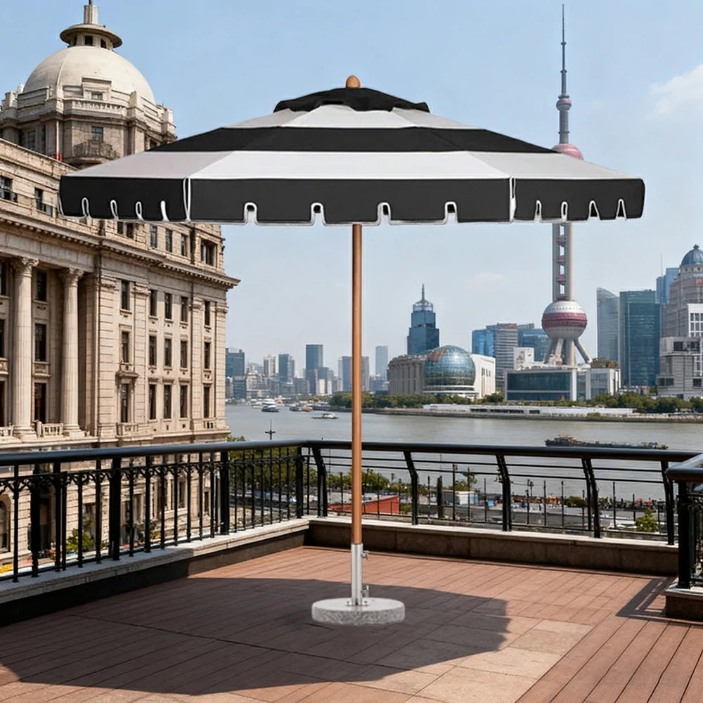 SOLARA Outdoor Patio Umbrella - 210/250cm Single-Layer Canopy with Elegant Valance, Brushed Aluminium Frame, Sunshade & Rain Protection, Water-Filled Base Included - Black & White