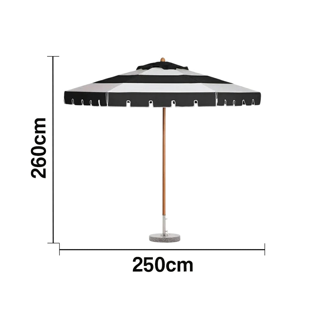 SOLARA Outdoor Patio Umbrella - 210/250cm Single-Layer Canopy with Elegant Valance, Brushed Aluminium Frame, Sunshade & Rain Protection, Water-Filled Base Included - Black & White