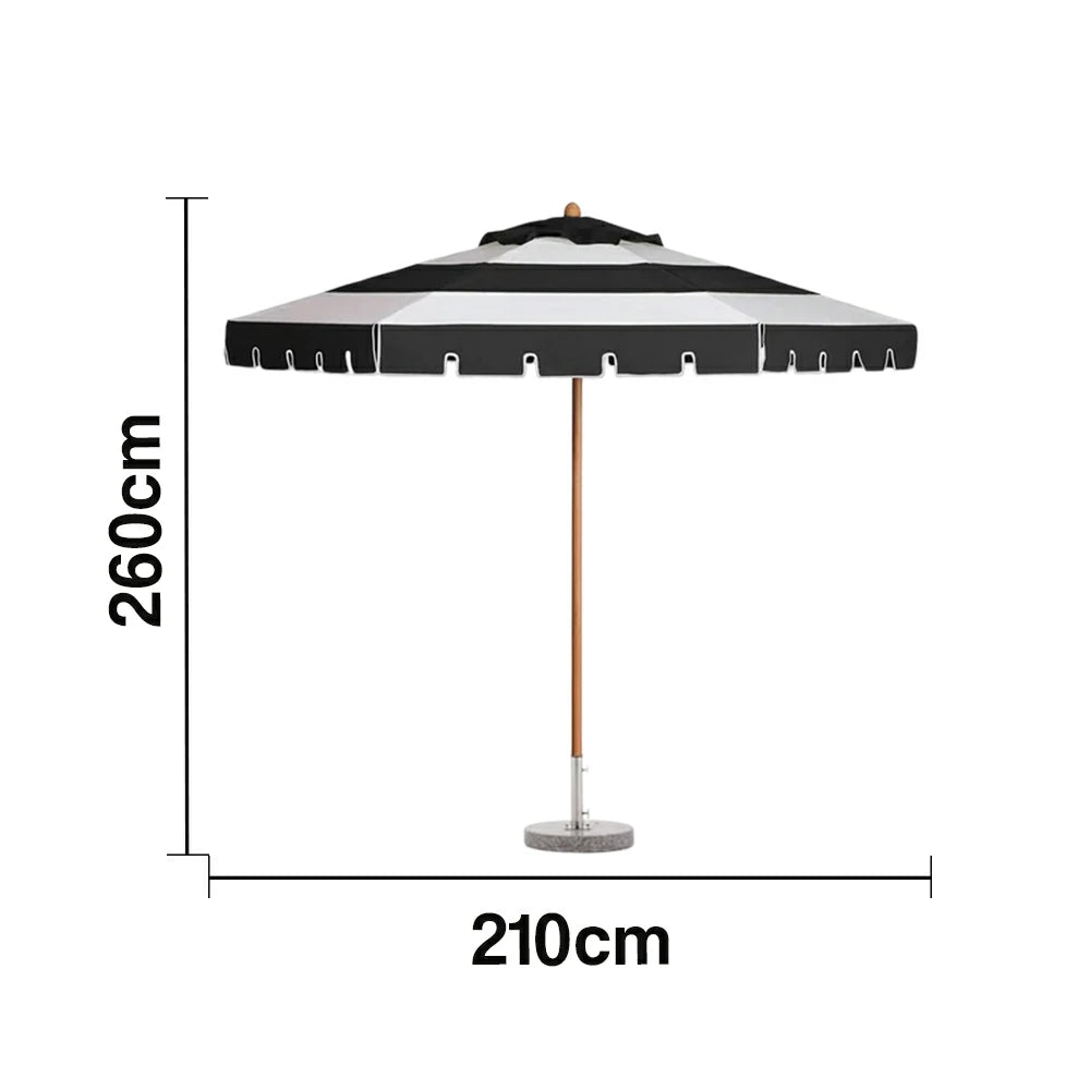 SOLARA Outdoor Patio Umbrella - 210/250cm Single-Layer Canopy with Elegant Valance, Brushed Aluminium Frame, Sunshade & Rain Protection, Water-Filled Base Included - Black & White