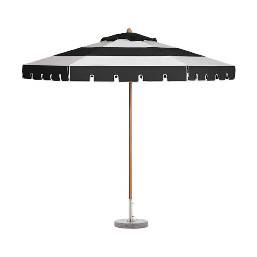 SOLARA Outdoor Patio Umbrella - 210/250cm Single-Layer Canopy with Elegant Valance, Brushed Aluminium Frame, Sunshade & Rain Protection, Water-Filled Base Included - Black & White
