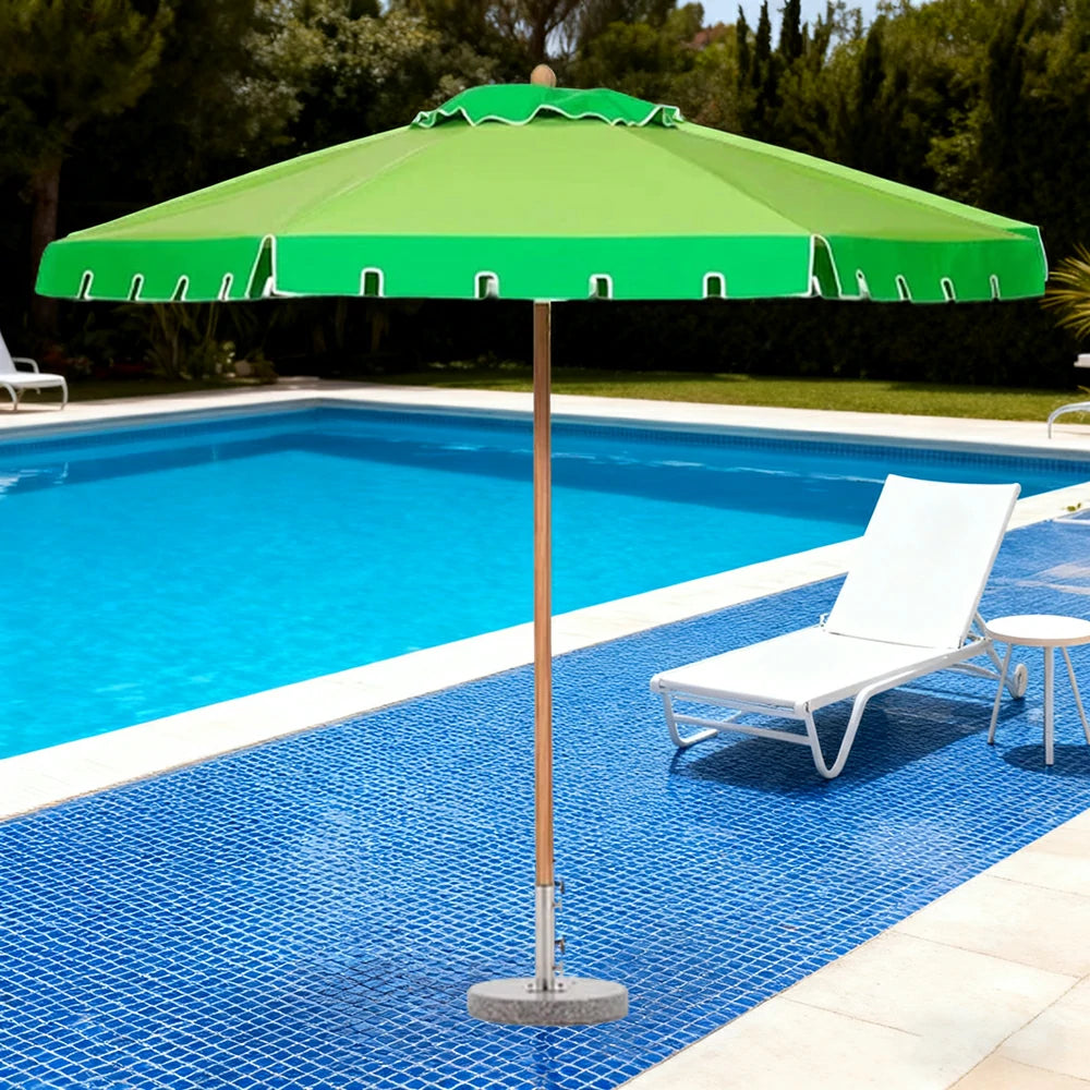 SOLARA Outdoor Patio Umbrella - 210/250cm Single-Layer Canopy with Elegant Valance, Brushed Aluminium Frame, Sunshade & Rain Protection, Water-Filled Base Included - Green