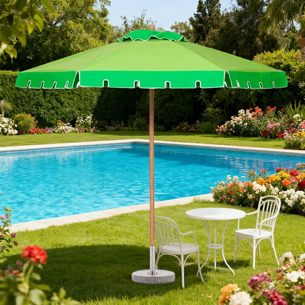 SOLARA Outdoor Patio Umbrella - 210/250cm Single-Layer Canopy with Elegant Valance, Brushed Aluminium Frame, Sunshade & Rain Protection, Water-Filled Base Included - Green