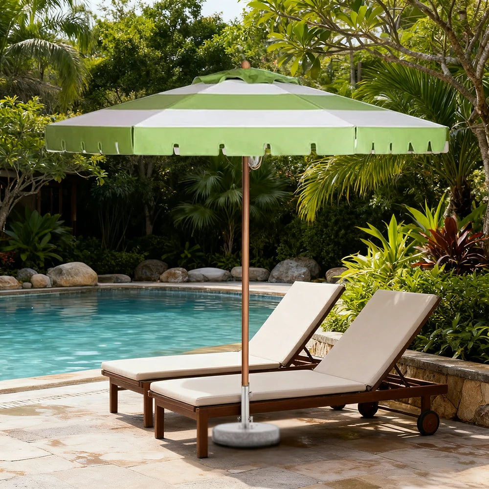 SOLARA Outdoor Patio Umbrella - 210/250cm Single-Layer Canopy with Elegant Valance, Brushed Aluminium Frame, Sunshade & Rain Protection, Water-Filled Base Included - Green & White