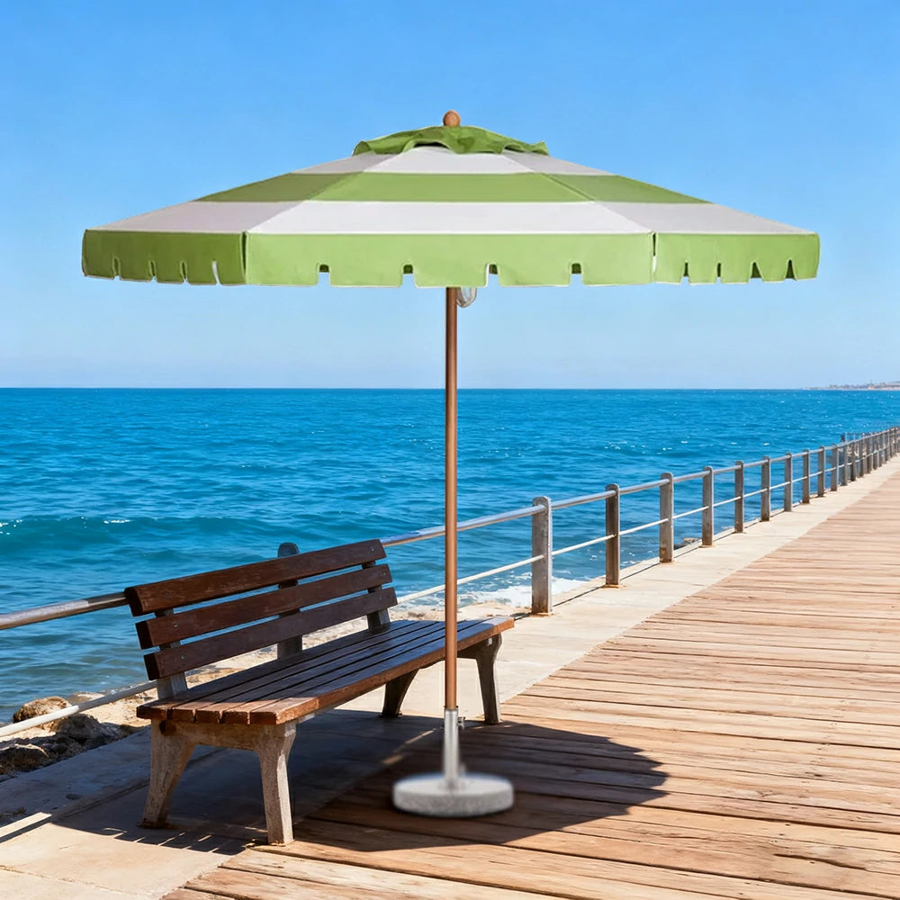 SOLARA Outdoor Patio Umbrella - 210/250cm Single-Layer Canopy with Elegant Valance, Brushed Aluminium Frame, Sunshade & Rain Protection, Water-Filled Base Included - Green & White