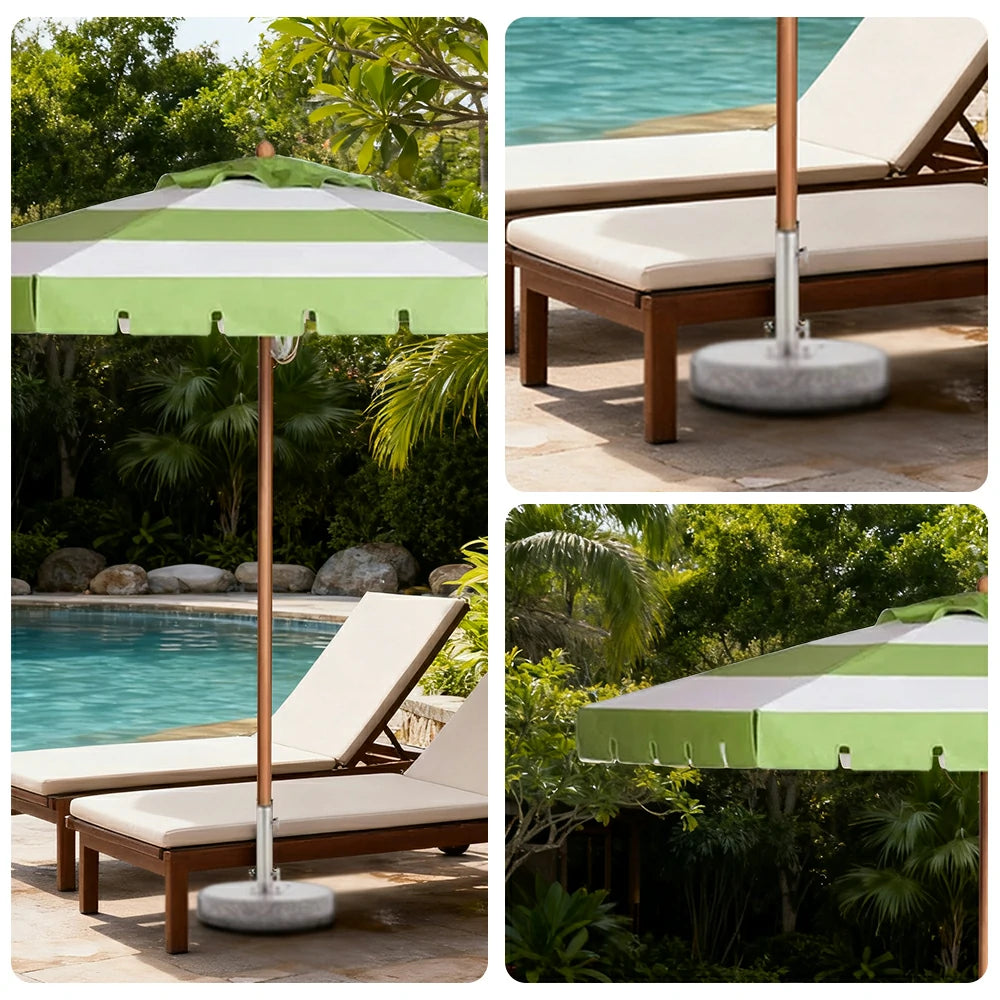 SOLARA Outdoor Patio Umbrella - 210/250cm Single-Layer Canopy with Elegant Valance, Brushed Aluminium Frame, Sunshade & Rain Protection, Water-Filled Base Included - Green & White