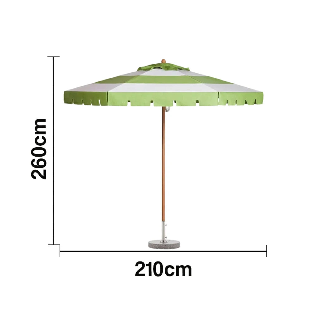 SOLARA Outdoor Patio Umbrella - 210/250cm Single-Layer Canopy with Elegant Valance, Brushed Aluminium Frame, Sunshade & Rain Protection, Water-Filled Base Included - Green & White