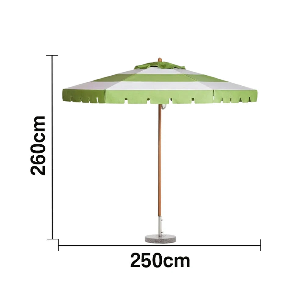 SOLARA Outdoor Patio Umbrella - 210/250cm Single-Layer Canopy with Elegant Valance, Brushed Aluminium Frame, Sunshade & Rain Protection, Water-Filled Base Included - Green & White