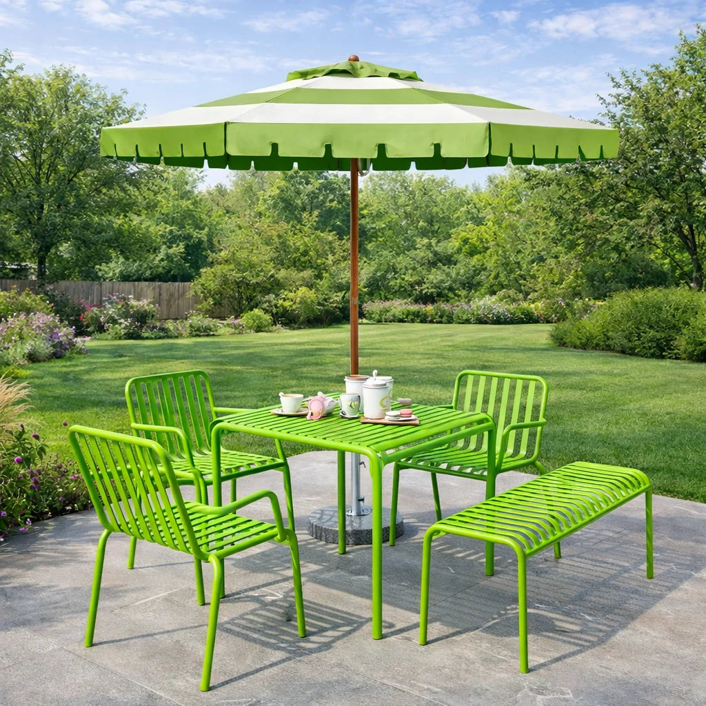 SOLARA Outdoor Patio Umbrella - 210/250cm Single-Layer Canopy with Elegant Valance, Brushed Aluminium Frame, Sunshade & Rain Protection, Water-Filled Base Included - Green & White
