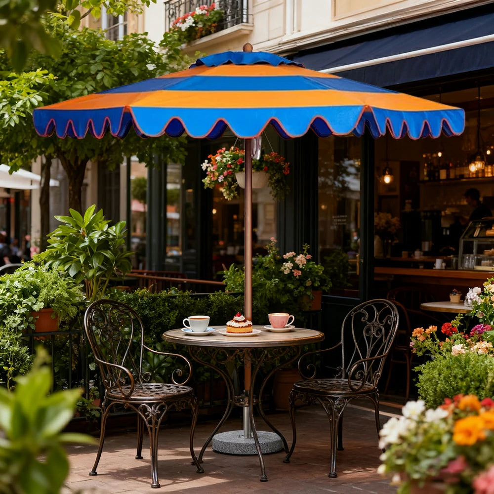 SOLARA Outdoor Patio Umbrella - 210/250cm Single-Layer Canopy with Elegant Valance, Brushed Aluminium Frame, Sunshade & Rain Protection, Water-Filled Base Included - Yellow & Blue