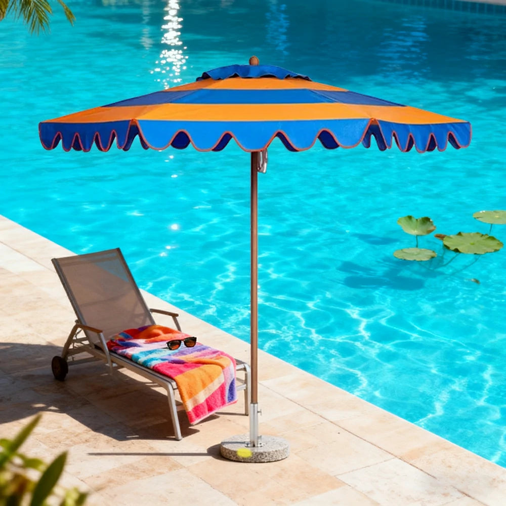 SOLARA Outdoor Patio Umbrella - 210/250cm Single-Layer Canopy with Elegant Valance, Brushed Aluminium Frame, Sunshade & Rain Protection, Water-Filled Base Included - Yellow & Blue