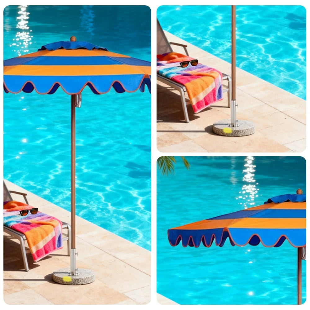 SOLARA Outdoor Patio Umbrella - 210/250cm Single-Layer Canopy with Elegant Valance, Brushed Aluminium Frame, Sunshade & Rain Protection, Water-Filled Base Included - Yellow & Blue