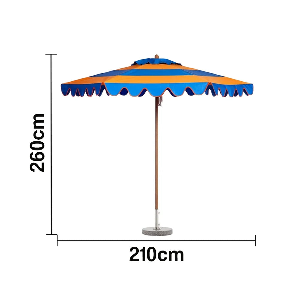 SOLARA Outdoor Patio Umbrella - 210/250cm Single-Layer Canopy with Elegant Valance, Brushed Aluminium Frame, Sunshade & Rain Protection, Water-Filled Base Included - Yellow & Blue