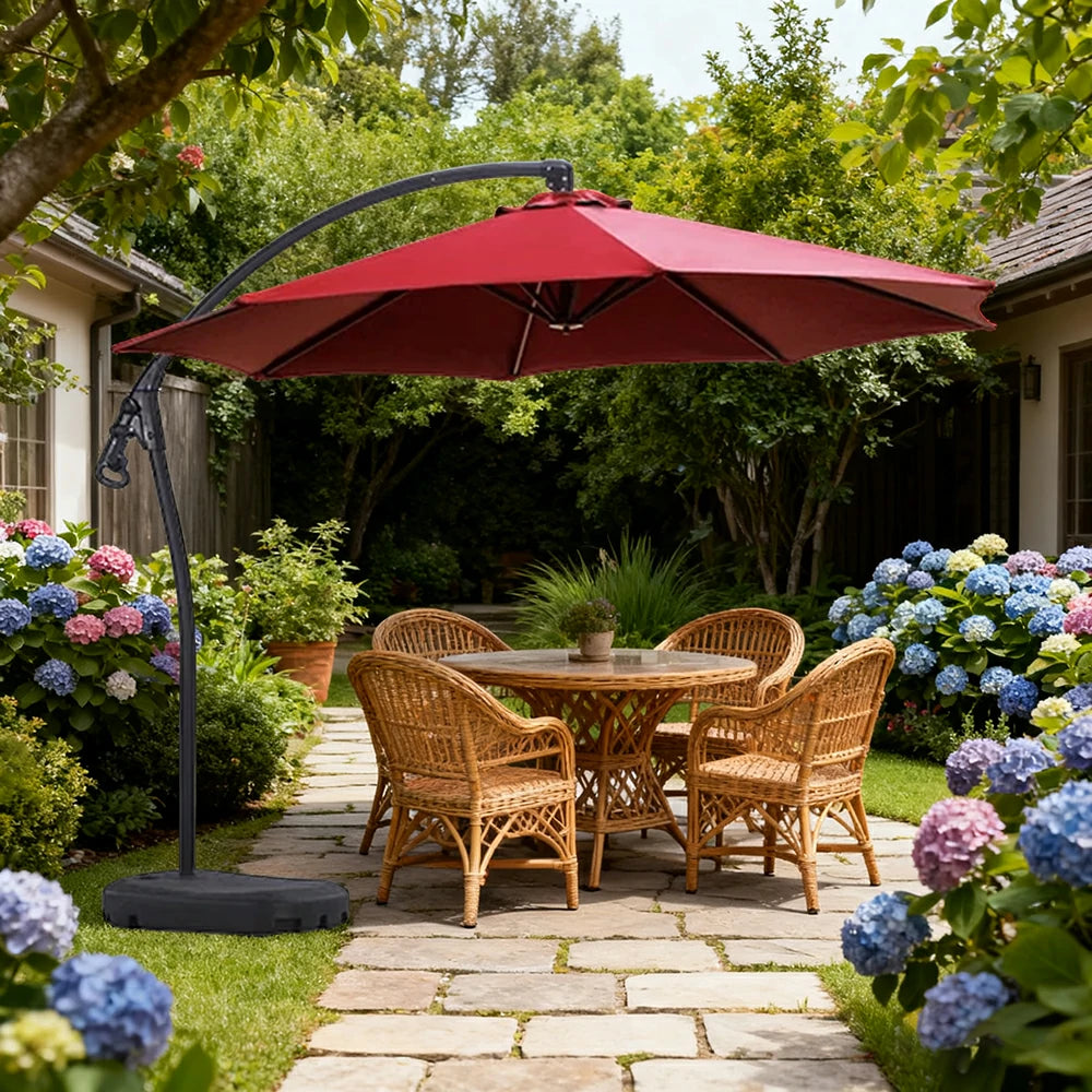 SOLARA Outdoor Patio Umbrella - 3.0m Round Cantilever Canopy with Reinforced Rib Design, Adjustable Offset Arm, Sunshade & Rain Protection, Water-Filled Base Included - Red