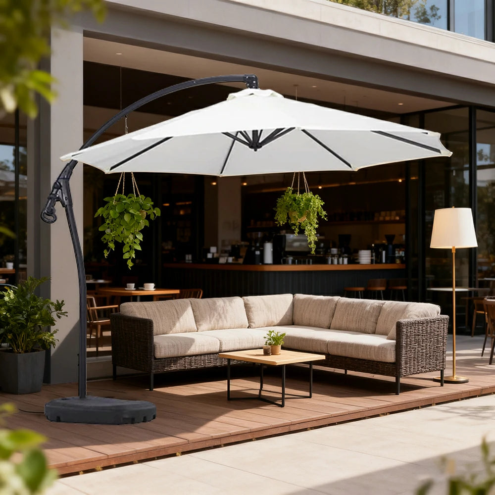 SOLARA Outdoor Patio Umbrella - 3.0m Round Cantilever Canopy with Reinforced Rib Design, Adjustable Offset Arm, Sunshade & Rain Protection, Water-Filled Base Included - White