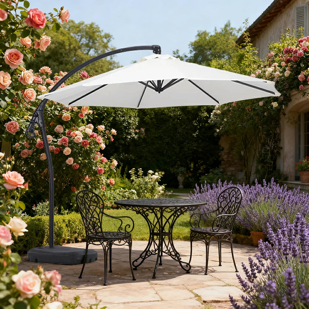 SOLARA Outdoor Patio Umbrella - 3.0m Round Cantilever Canopy with Reinforced Rib Design, Adjustable Offset Arm, Sunshade & Rain Protection, Water-Filled Base Included - White