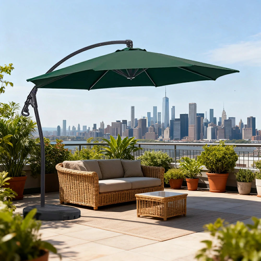 SOLARA Outdoor Patio Umbrella - 3.0m Round Cantilever Canopy with Reinforced Rib Design, Adjustable Offset Arm, Sunshade & Rain Protection, Water-Filled Base Included - Green