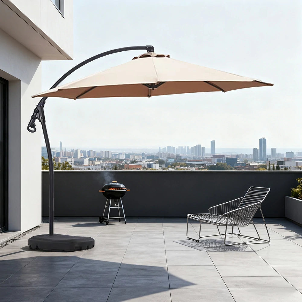 SOLARA Outdoor Patio Umbrella - 3.0m Round Cantilever Canopy with Reinforced Rib Design, Adjustable Offset Arm, Sunshade & Rain Protection, Water-Filled Base Included - Khaki