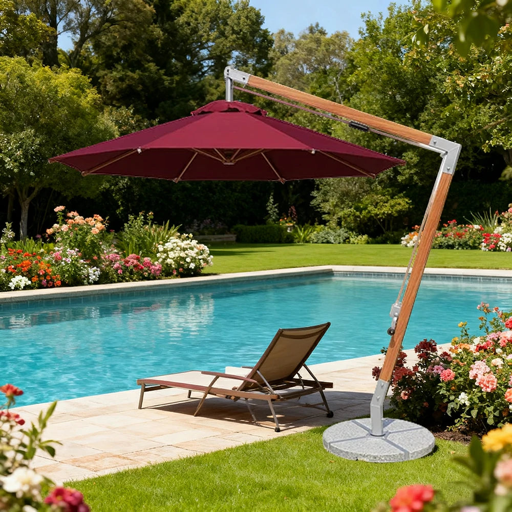 SOLARA Outdoor Patio Umbrella - 250/300cm Round Canopy Model Standard Version with Reinforced 8-Rib Design, Adjustable Cantilever Arm, Sunshade & Rain Protection - Red