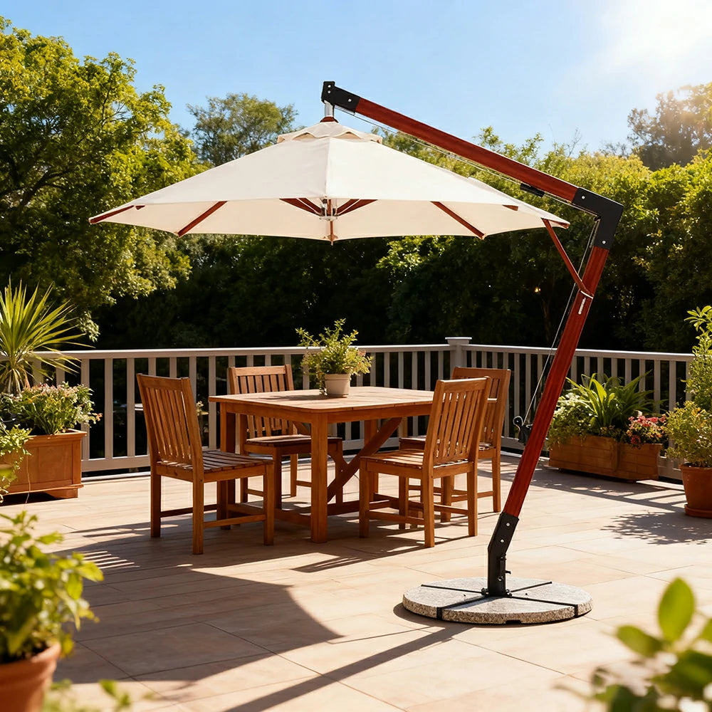 SOLARA Outdoor Patio Umbrella - 250/300cm Round Canopy Model Standard Version with Reinforced 8-Rib Design, Adjustable Cantilever Arm, Sunshade & Rain Protection - Beige