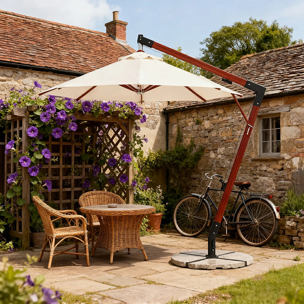 SOLARA Outdoor Patio Umbrella - 250/300cm Round Canopy Model Standard Version with Reinforced 8-Rib Design, Adjustable Cantilever Arm, Sunshade & Rain Protection - Beige