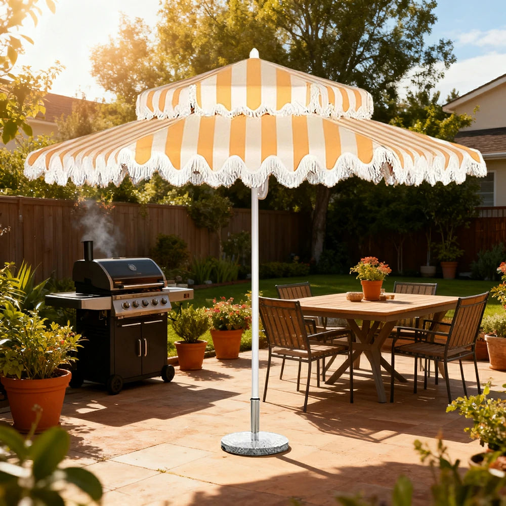 SOLARA Outdoor Patio Umbrella - 250/270cm Round Double-Layer Canopy with Decorative Valance, Enhanced Ventilation & Wind Resistance, Sunshade & Rain Protection, 20kg Marble Base Included - Yellow & White