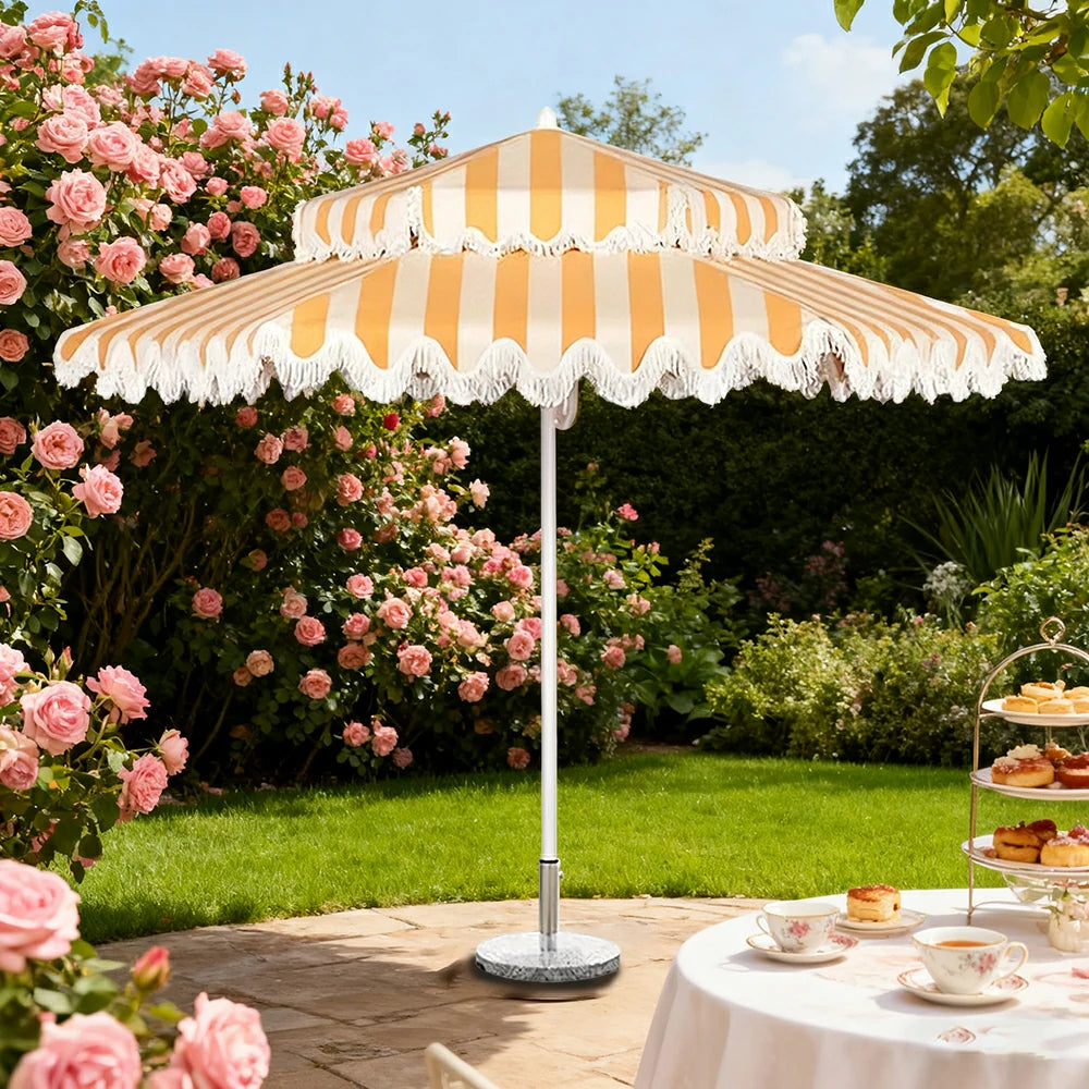 SOLARA Outdoor Patio Umbrella - 250/270cm Round Double-Layer Canopy with Decorative Valance, Enhanced Ventilation & Wind Resistance, Sunshade & Rain Protection, 20kg Marble Base Included - Yellow & White