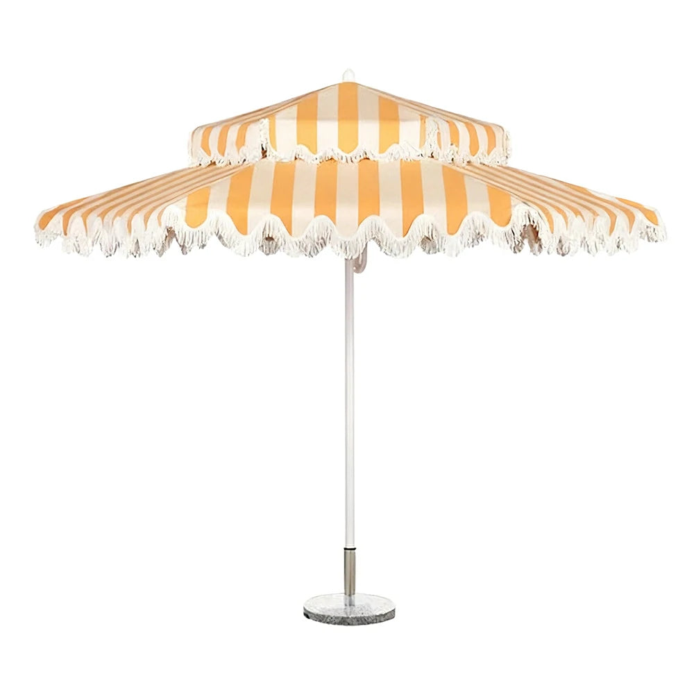 SOLARA Outdoor Patio Umbrella - 250/270cm Round Double-Layer Canopy with Decorative Valance, Enhanced Ventilation & Wind Resistance, Sunshade & Rain Protection, 20kg Marble Base Included - Yellow & White