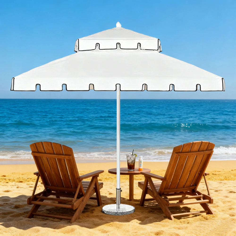 SOLARA Outdoor Patio Umbrella - 250/270cm Round Double-Layer Canopy with Decorative Valance, Enhanced Ventilation & Wind Resistance, Sunshade & Rain Protection, 20kg Marble Base Included - White