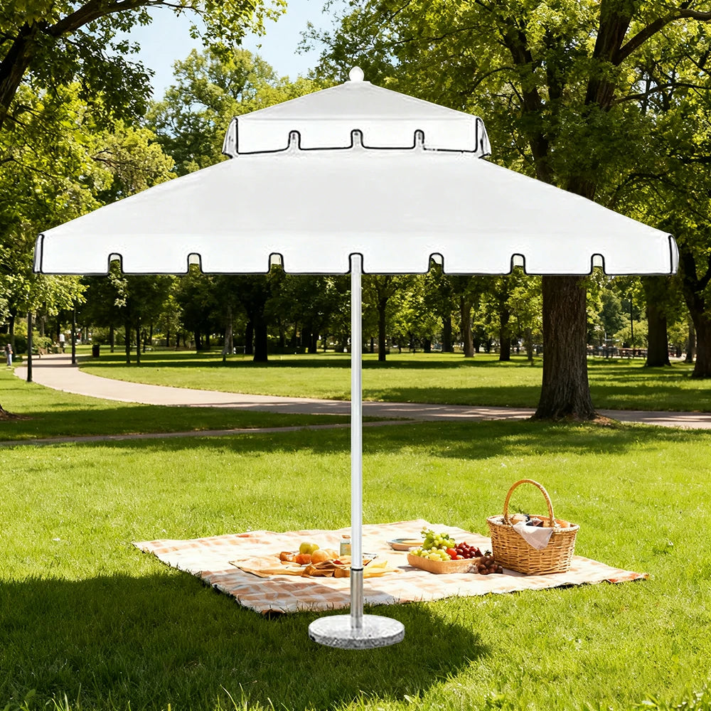 SOLARA Outdoor Patio Umbrella - 250/270cm Round Double-Layer Canopy with Decorative Valance, Enhanced Ventilation & Wind Resistance, Sunshade & Rain Protection, 20kg Marble Base Included - White