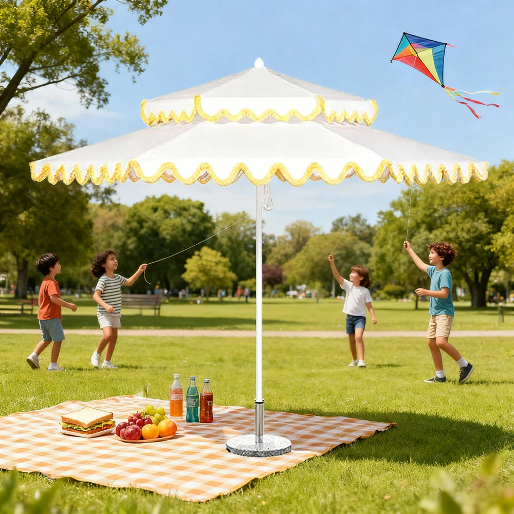 SOLARA Outdoor Patio Umbrella - 250/270cm Round Double-Layer Canopy with Decorative Valance, Enhanced Ventilation & Wind Resistance, Sunshade & Rain Protection, 20kg Marble Base Included - White with Yellow Trim