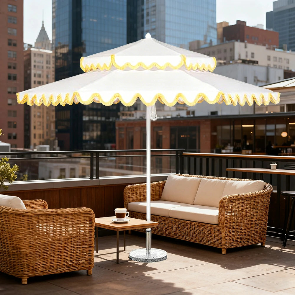 SOLARA Outdoor Patio Umbrella - 250/270cm Round Double-Layer Canopy with Decorative Valance, Enhanced Ventilation & Wind Resistance, Sunshade & Rain Protection, 20kg Marble Base Included - White with Yellow Trim