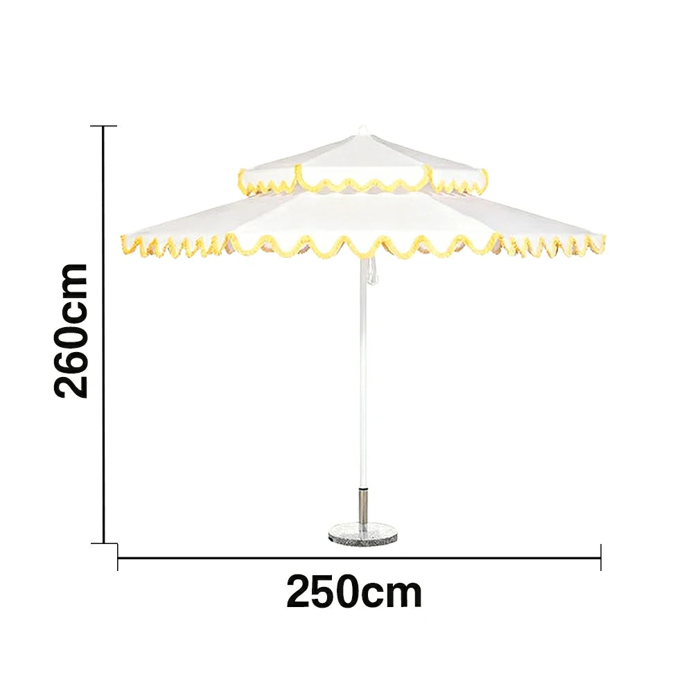 SOLARA Outdoor Patio Umbrella - 250/270cm Round Double-Layer Canopy with Decorative Valance, Enhanced Ventilation & Wind Resistance, Sunshade & Rain Protection, 20kg Marble Base Included - White with Yellow Trim