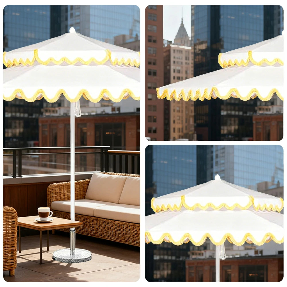 SOLARA Outdoor Patio Umbrella - 250/270cm Round Double-Layer Canopy with Decorative Valance, Enhanced Ventilation & Wind Resistance, Sunshade & Rain Protection, 20kg Marble Base Included - White with Yellow Trim