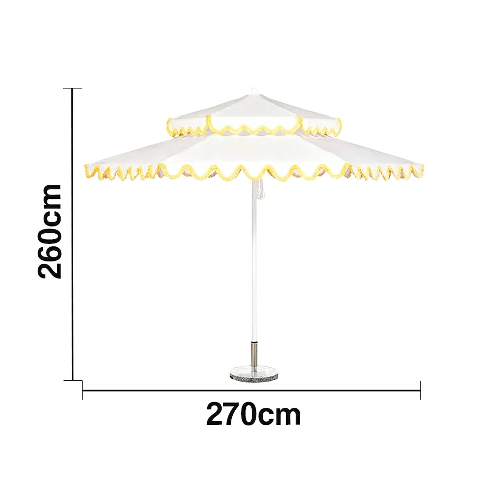 SOLARA Outdoor Patio Umbrella - 250/270cm Round Double-Layer Canopy with Decorative Valance, Enhanced Ventilation & Wind Resistance, Sunshade & Rain Protection, 20kg Marble Base Included - White with Yellow Trim