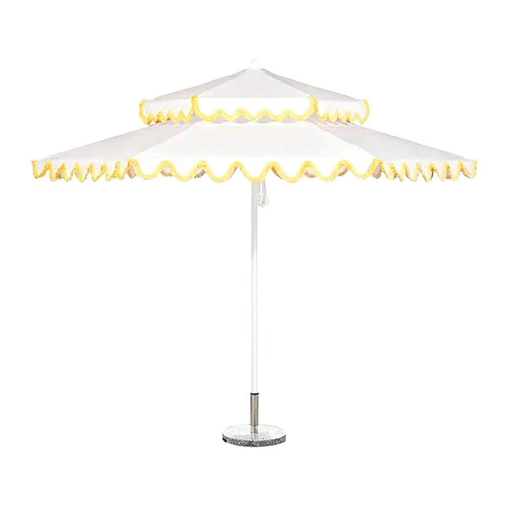 SOLARA Outdoor Patio Umbrella - 250/270cm Round Double-Layer Canopy with Decorative Valance, Enhanced Ventilation & Wind Resistance, Sunshade & Rain Protection, 20kg Marble Base Included - White with Yellow Trim